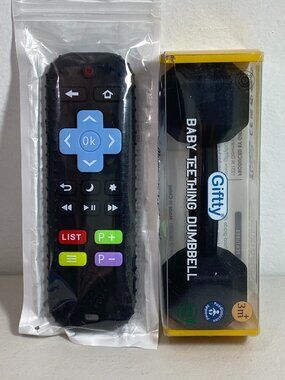(2) NEW Teething Toys, Silicone, TV Remote, Giffty Black Dumbbell - NIP